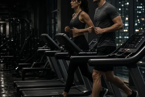 Illustration for Young-couple-running-treadmills-modern-gym