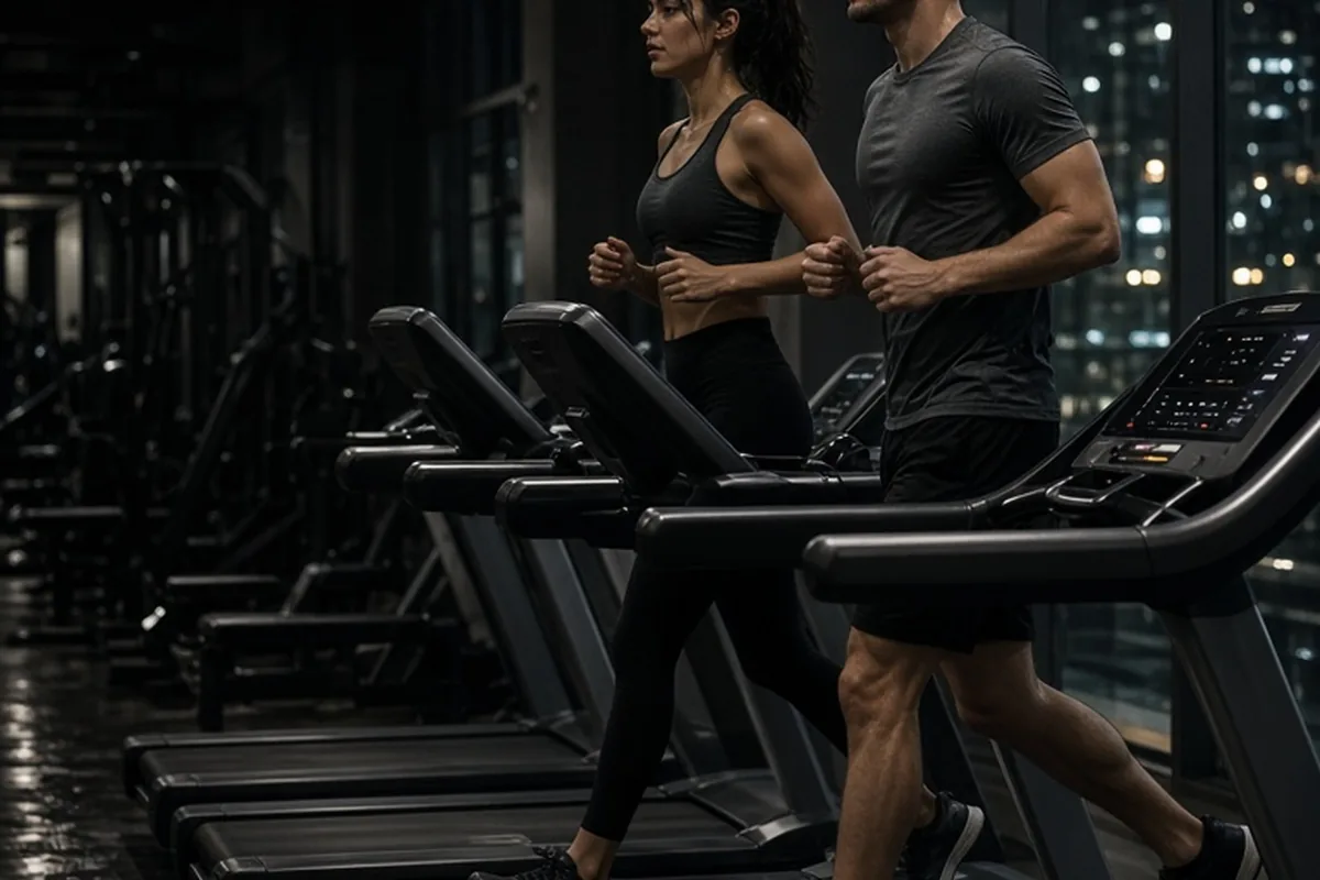 Illustration for Young-couple-running-treadmills-modern-gym