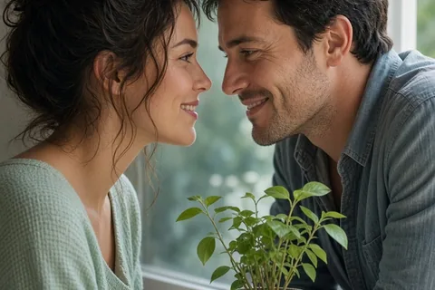 Illustration for Sensual-couple-is-looking-each-other-smiling