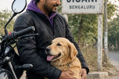Illustration for Sushant biker and dog owner at jigani in bengaluru on saturday / Rabishankar...
