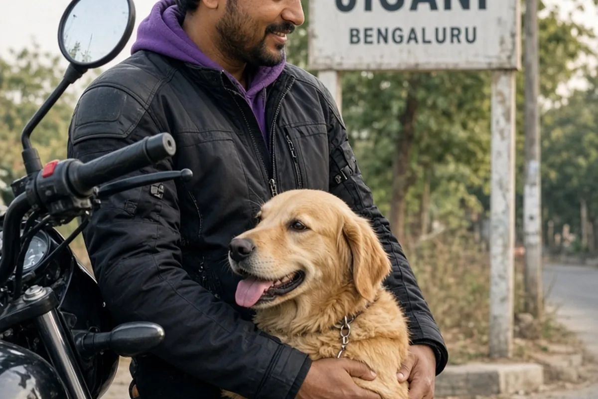 Illustration for Sushant biker and dog owner at jigani in bengaluru on saturday / Rabishankar...