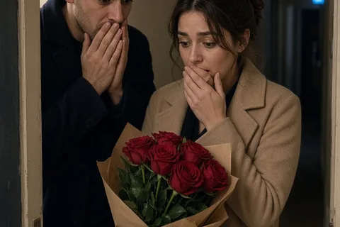 Illustration for Couple in Valentine Day holding flowers over isolated background is a little...