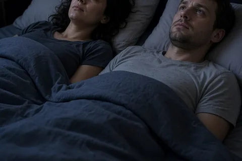 Illustration for Wide-Eyed Couples in Bed: Bridge Late-Night Disconnect