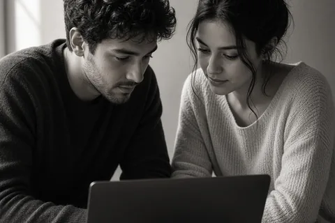 Illustration for Young-man-woman-using-laptop