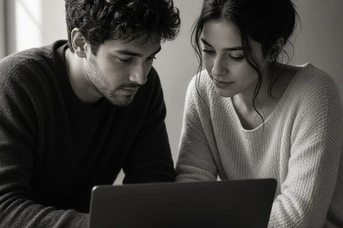 Illustration for Young-man-woman-using-laptop