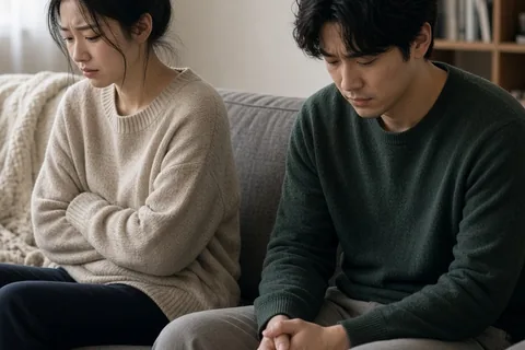 Illustration for Upset-asian-couple-sit-couch-living-room