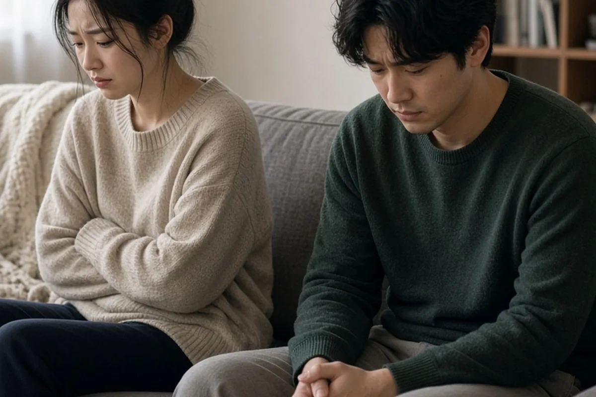 Illustration for Upset-asian-couple-sit-couch-living-room