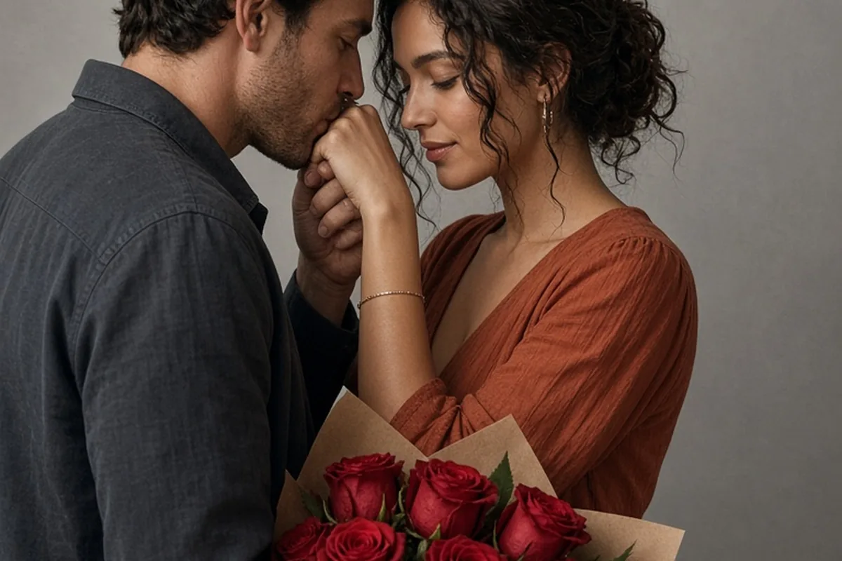 Illustration for Man-kisses-girl-s-hand-holding-bouquet-red-roses-his-back-gray-background-val...