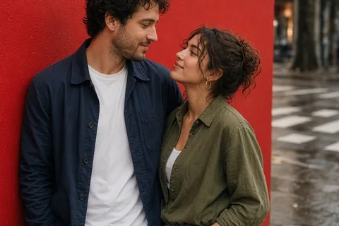 Illustration for Posing Against a Red Wall for Casual Couple Photos