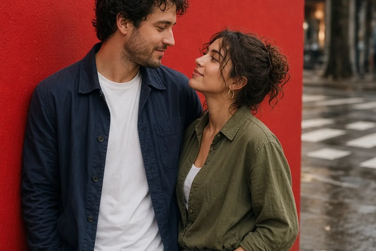 Illustration for Posing Against a Red Wall for Casual Couple Photos
