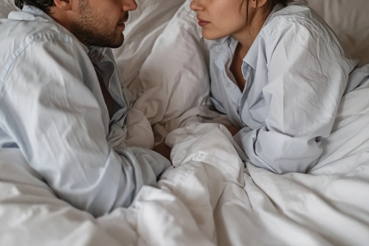 Illustration for Man and woman in shirts in bed