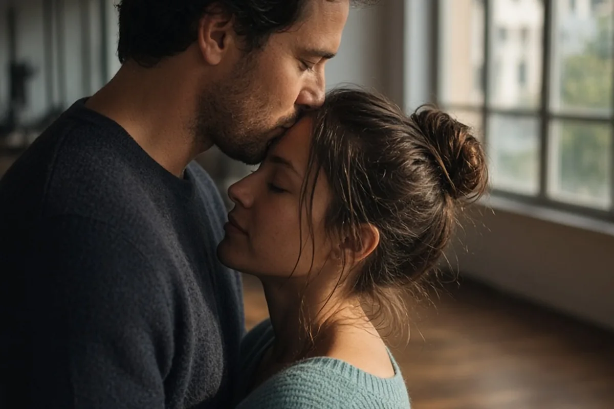 Illustration for Man kiss on forehead of her woman