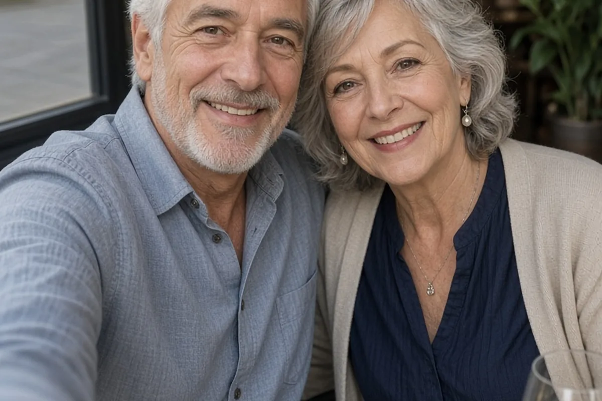 Illustration for Happy-senior-friends-taking-selfie-restaurant