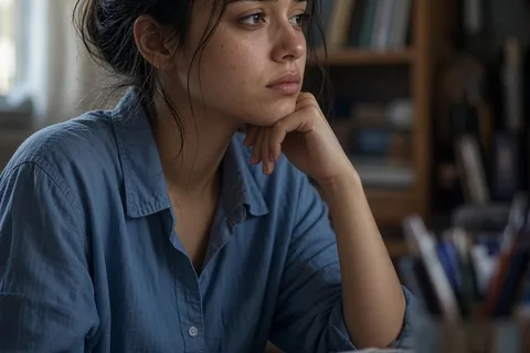 Illustration for Close-up-image-sad-student-girl-blue-shirt-looking-away-with-unhappy-facial-e...