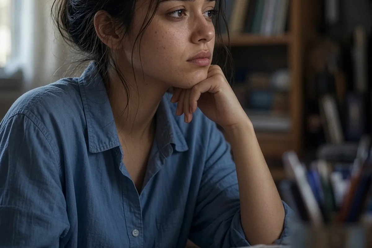Illustration for Close-up-image-sad-student-girl-blue-shirt-looking-away-with-unhappy-facial-e...