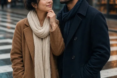 Illustration for Happy multi ethnic couple smiling while thinking