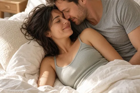 Illustration for Loving couple are lying bed bright cozy bedroom
