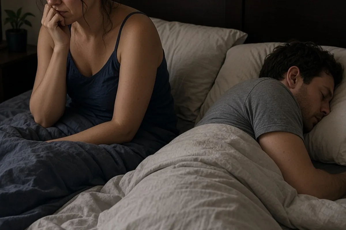 Illustration for Upset woman sitting bed while man sleeping background