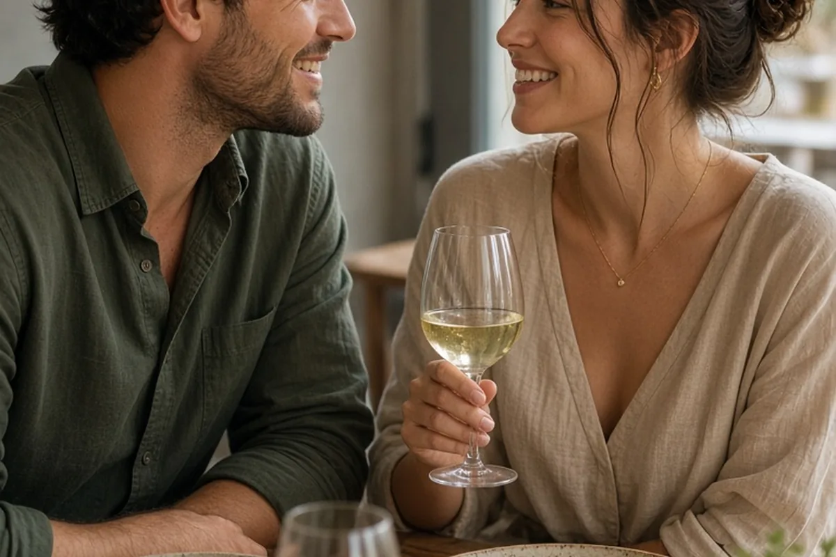 Illustration for Cheerful-man-woman-enjoying-dinner