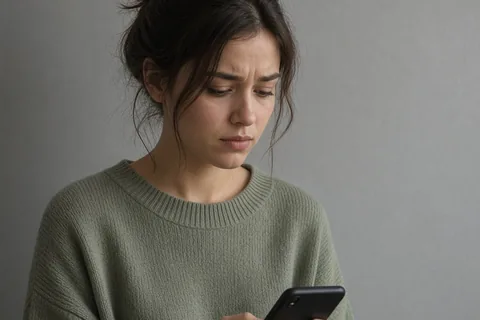 Illustration for Upset-unhappy-woman-holding-cellphone-isolated-gray-wall-background-sad-looki...