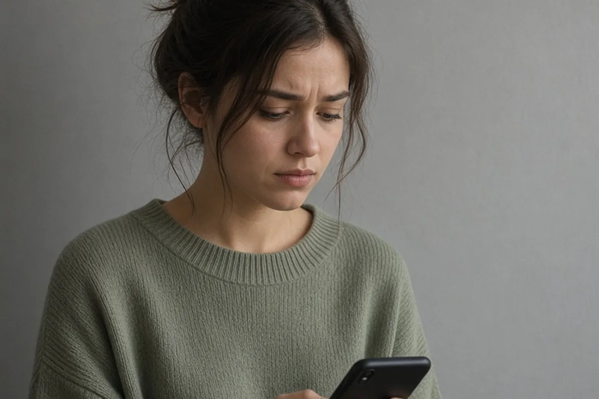 Illustration for Upset-unhappy-woman-holding-cellphone-isolated-gray-wall-background-sad-looki...