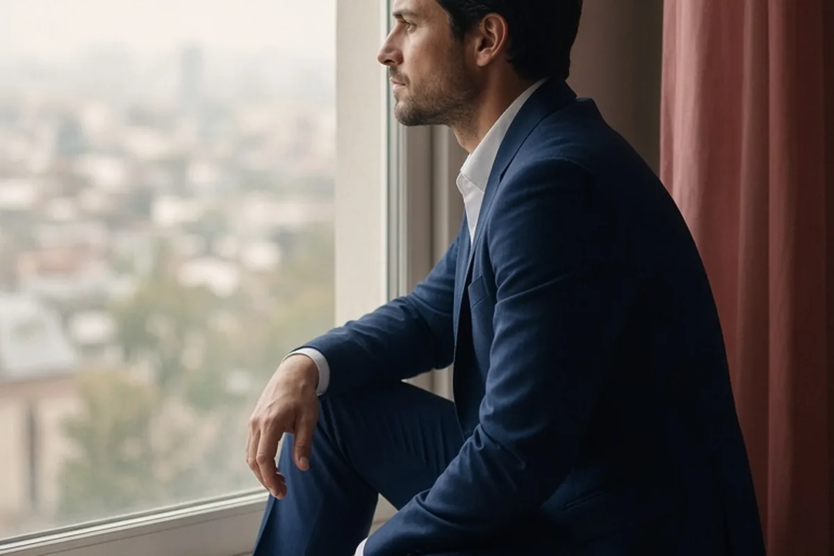 Illustration for Thoughtful-man-blue-suit-sits-windowsill