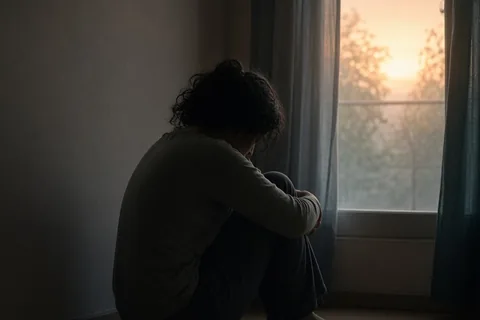 Illustration for Sad-woman-sitting-alone-empty-room