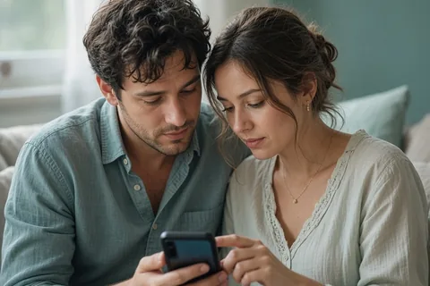 Illustration for Couple looking into phone