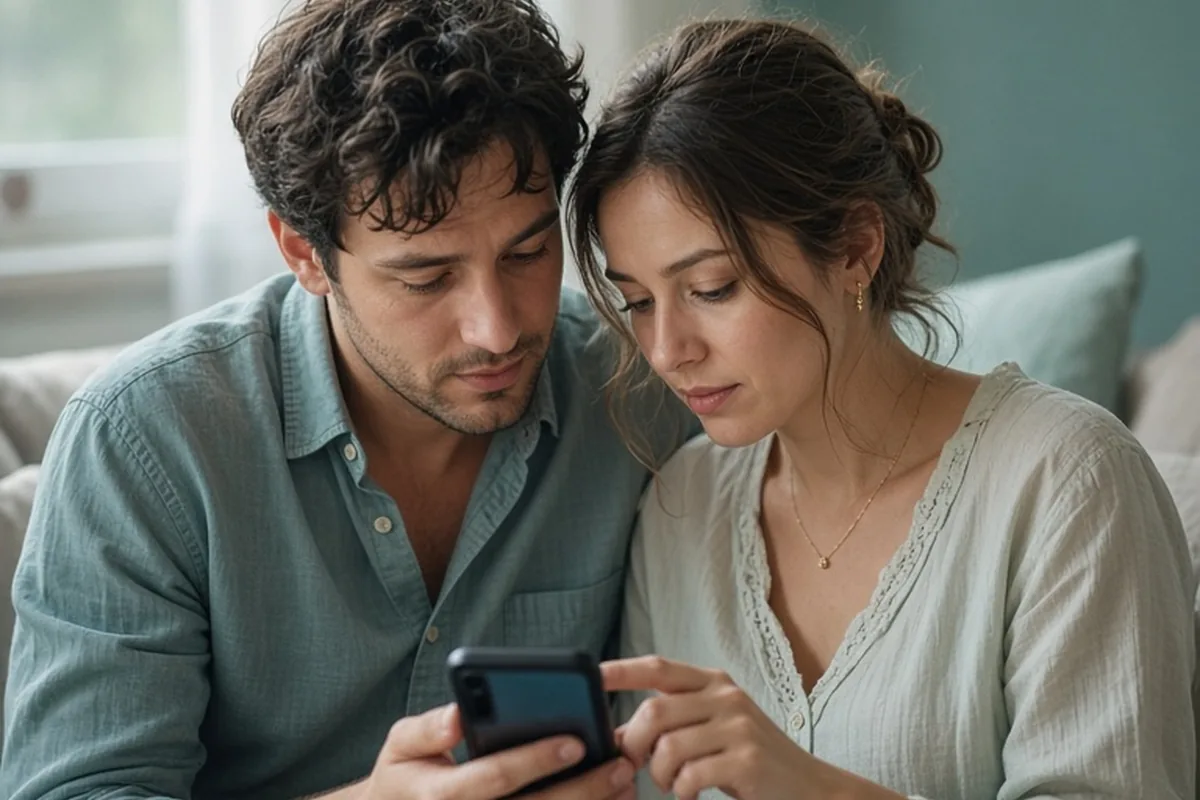 Illustration for Couple looking into phone