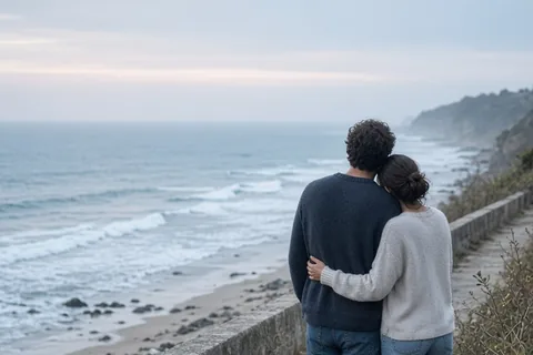 Illustration for Happy beautiful adult couple watching at seaside and hugging