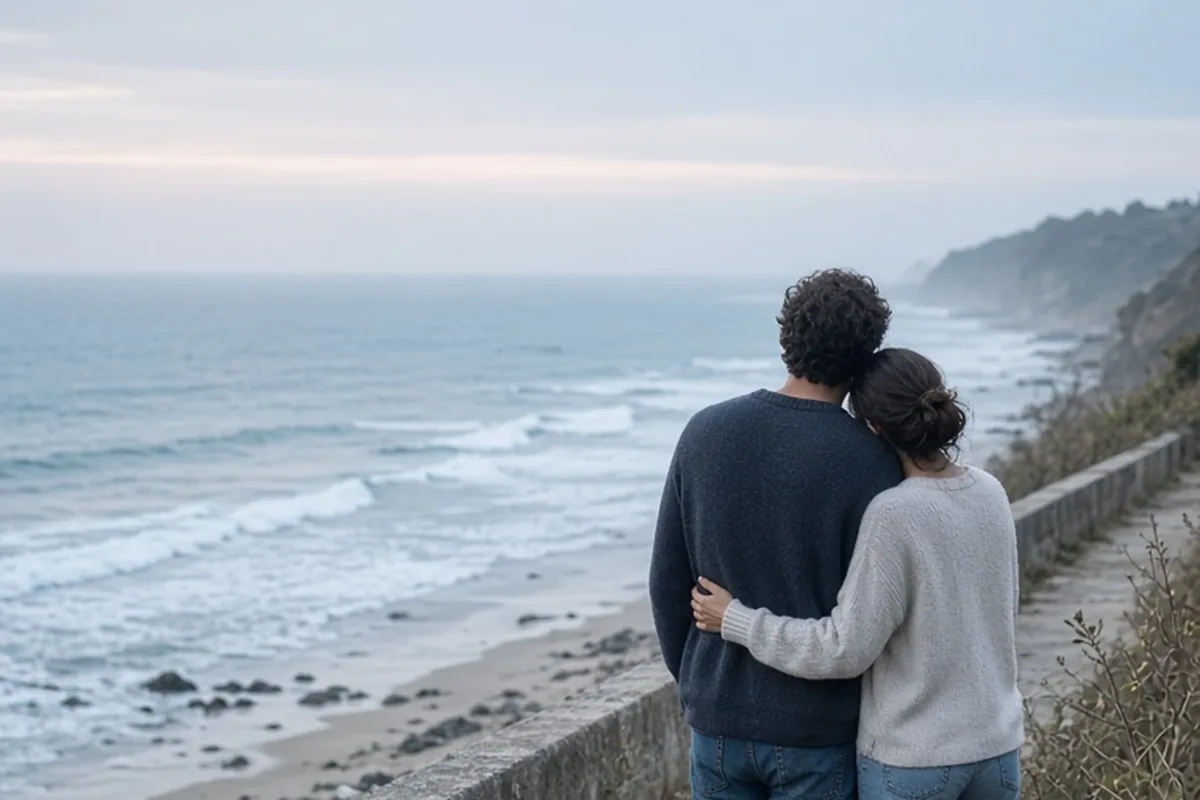 Illustration for Happy beautiful adult couple watching at seaside and hugging