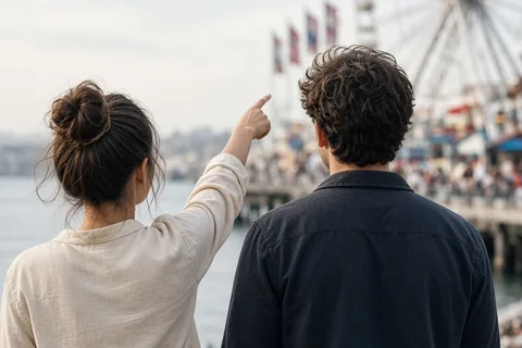 Illustration for Rear-view-woman-with-her-boyfriend-pointing-ferris-wheel-while