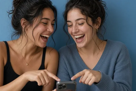 Illustration for Happy-two-young-girls-laughing-pointing-finger-screen-smartphone-while-taking...