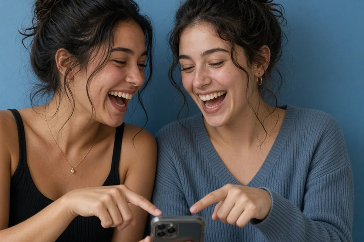 Illustration for Happy-two-young-girls-laughing-pointing-finger-screen-smartphone-while-taking...
