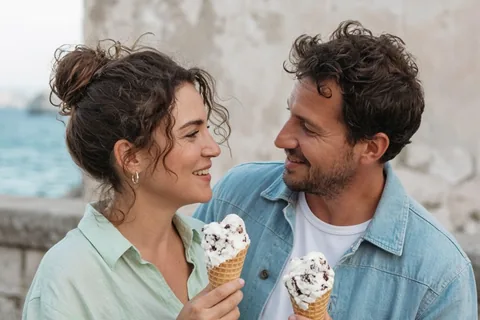 Illustration for Happy flirty couple eating icecream