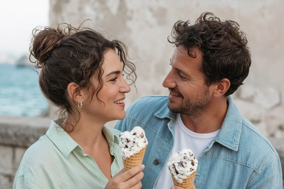 Illustration for Happy flirty couple eating icecream