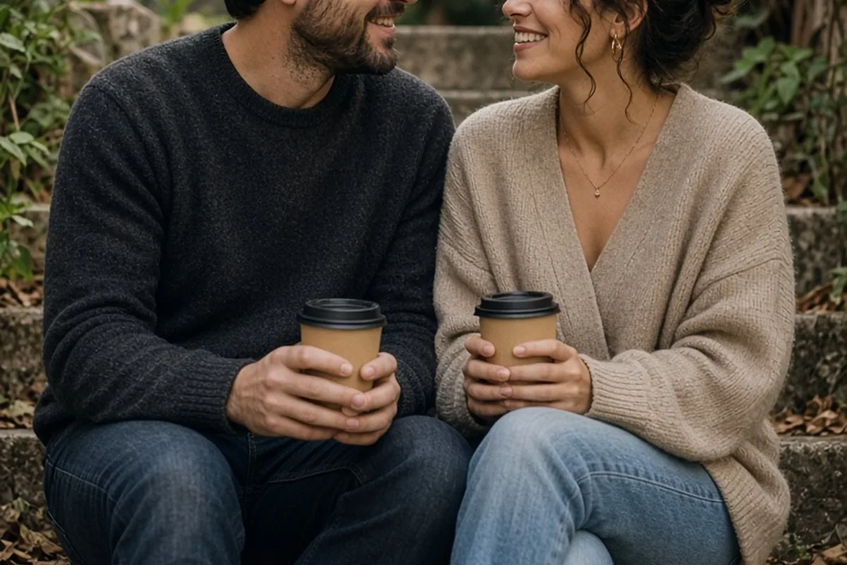 Illustration for Smiling-love-couple-sitting-stairs-outdoors-hold-cups-coffee