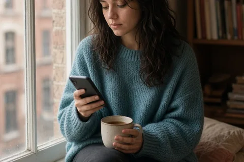 Illustration for Young-brunette-woman-sits-windowsill-holding-smartphone-cup-tea
