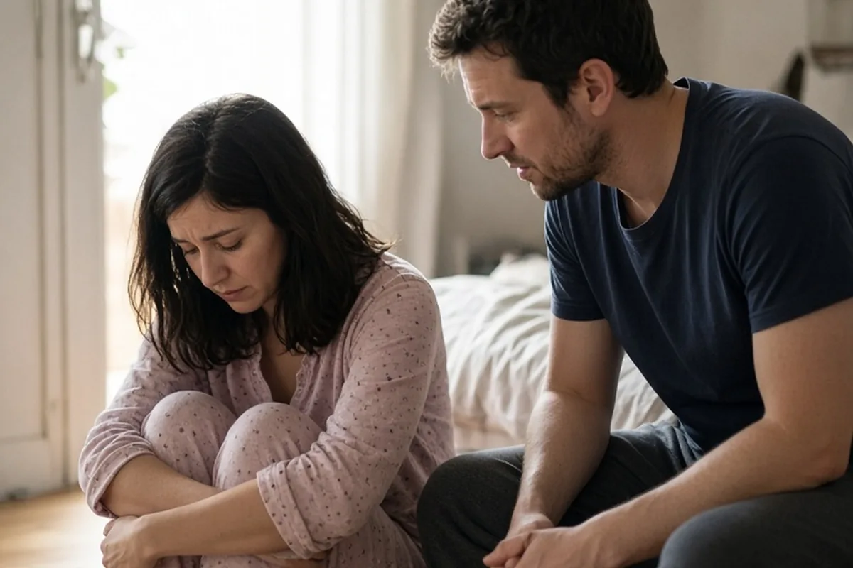 Illustration for Upset-brunette-woman-pajama-looking-down-while-husband-talk-her