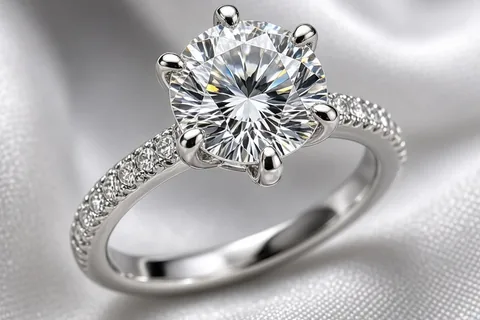 Close-up of a two-carat lab-grown diamond engagement ring in a custom platinum setting on a white background