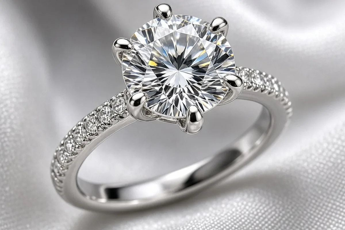 Close-up of a two-carat lab-grown diamond engagement ring in a custom platinum setting on a white background