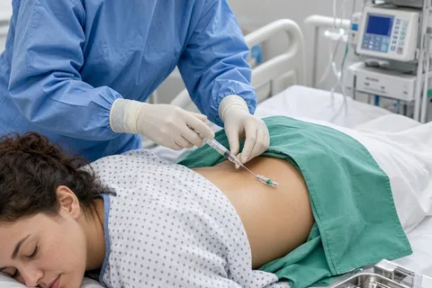 A certified registered nurse anesthetist in surgical scrubs inserting an epidural catheter into a laboring woman's lower back in a hospital bed.