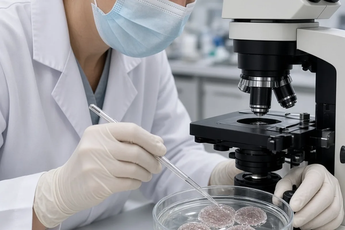 Fertility lab embryologist performing delicate micro-biopsy on blastocyst embryo at inverted microscope in clinical lab