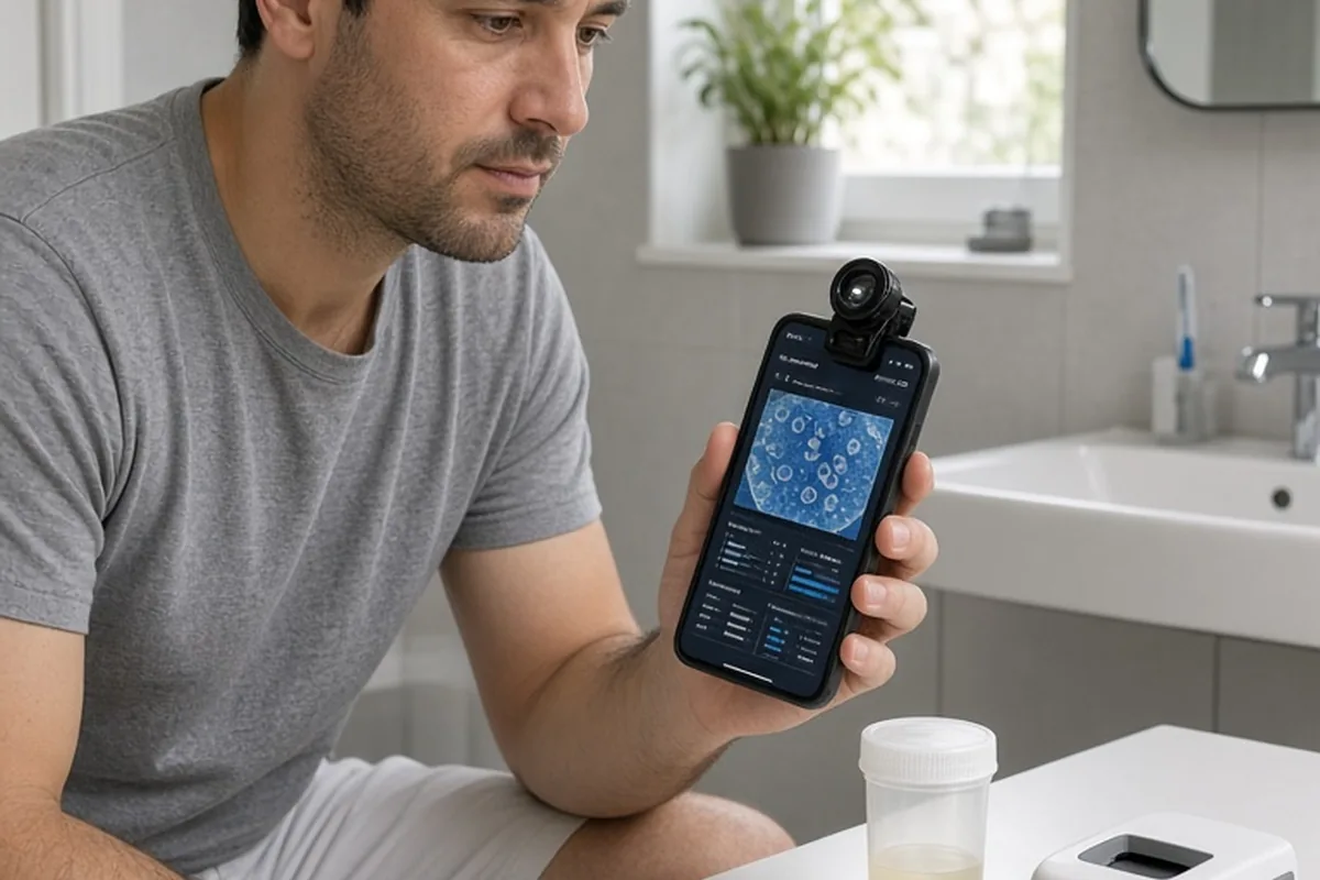 A man in his thirties in a home bathroom holding a smartphone with clip-on lens, screen showing semen analyzer app, next to collection cup and slide on countertop.