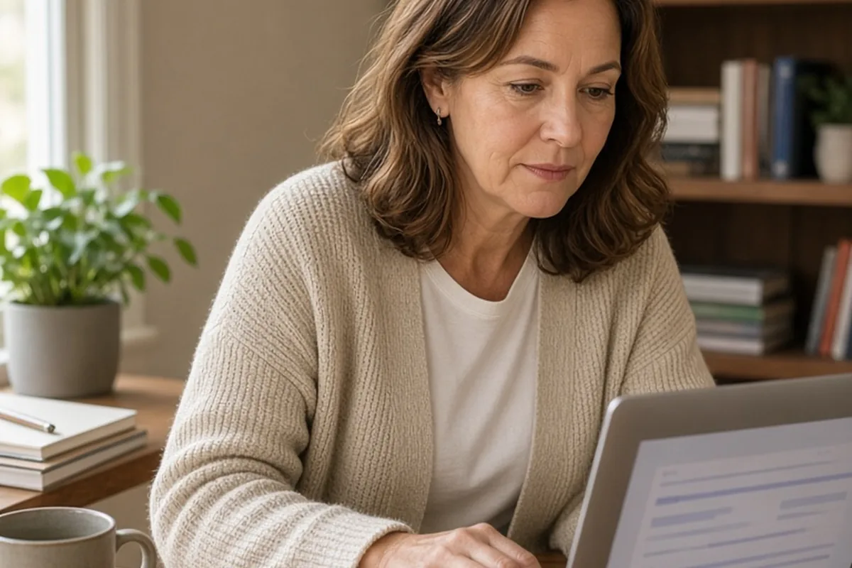 A 50-year-old woman seated at a desk using her laptop to complete a health questionnaire in her home office