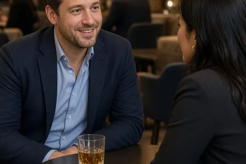 A man in his mid-thirties with short brown hair sitting at a round table in a lounge, smiling as he talks to a woman with dark hair seated across from him during a speed dating event.