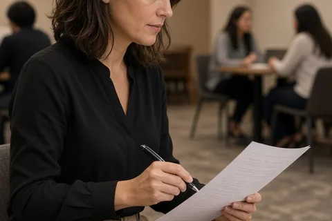 A woman in her thirties sitting at a small table in a lounge reviewing a scorecard with a pen