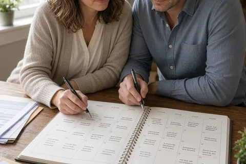 Couple in mid-30s writing dates and notes into a large open calendar planner at a wooden desk in a home office