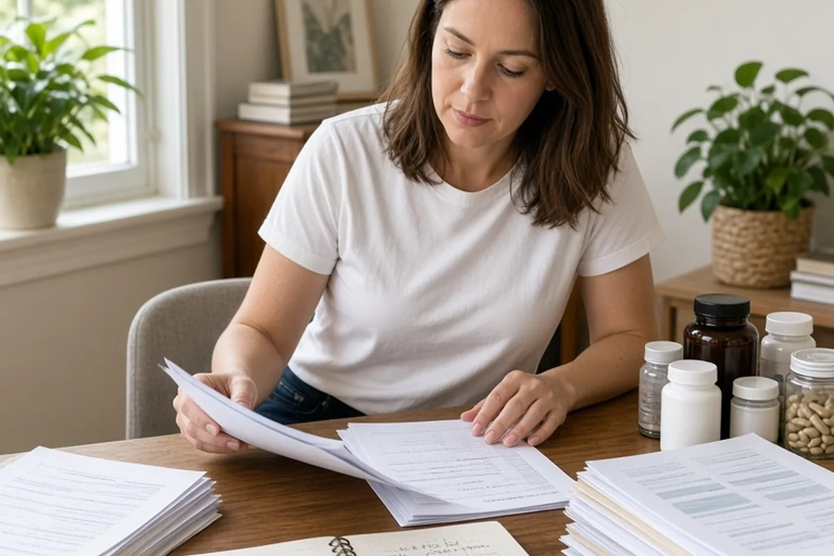 A woman at her desk organizing medical records and cycle logs for her fertility testing appointment.