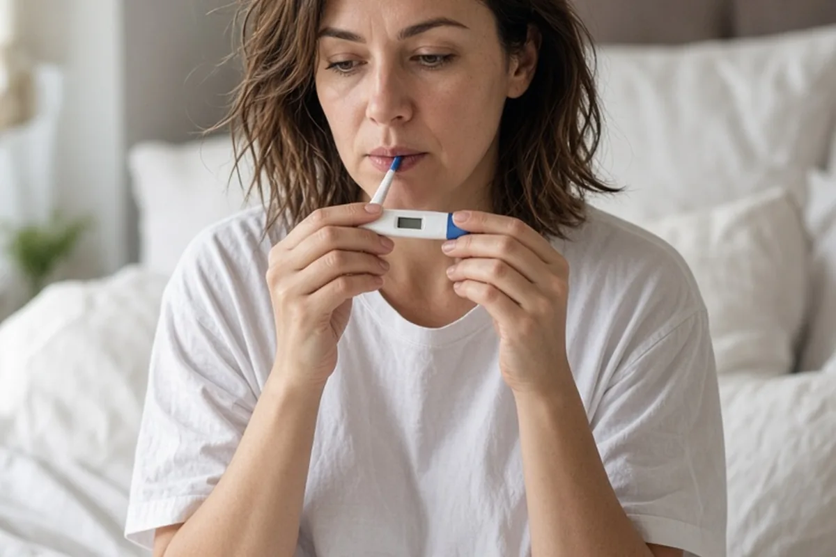 A woman in her thirties sitting up in bed holding a digital thermometer to her mouth to take her basal body temperature